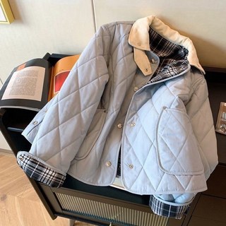輕量型保暖菱格壓紋鋪棉外套 菱格棉服 短款棉服 菱格絎縫外套 藍色菱格加厚短款保暖棉服棉衣夾棉外套女士洋氣拼