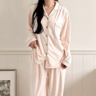 MARIQUE 여성 부드러운 무지 기모 셔츠 파자마세트