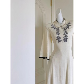 天山繡 早秋連衣裙 收腰顯瘦改良倒大袖國風新中式旗袍 東方美學江南才女氣質旗袍裙 宴會裙, 杏色披肩,XL