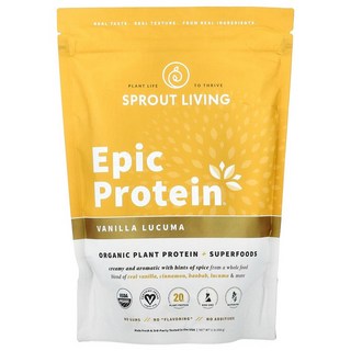 Sprout Living Epic Protein® 유기농 식물 단백질 + 슈퍼 푸드 바닐라 루쿠마 456g(1lb) Living (스프라우트 리빙), 453 g, 454g, 1개