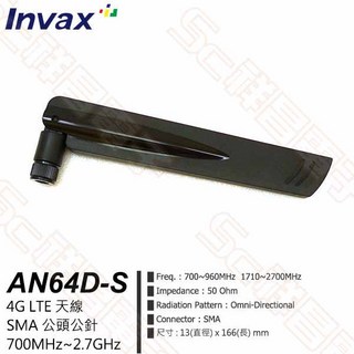 祥昌電子 Invax AN64D-L 4G LTE天線 700MHz-2.7GHz SMA公頭公針, 1個, 700MHz~2.4GHz