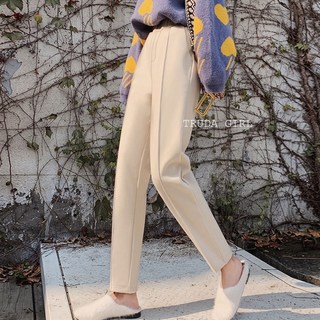 《杜達女孩》懶人OL鬆緊腰毛呢中線西裝九分褲 老爺褲版型 修飾顯瘦 秋冬保暖必備