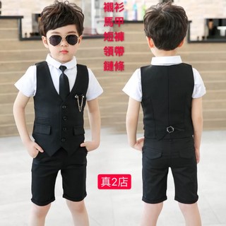 男童純黑西裝五件套裝（馬甲襯衫短褲領帶鏈條）中小童兒童禮服畢業禮服花童夏季禮服喜宴演出拍照衣服