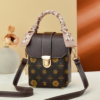 手提斜背包 復古印花 絲巾裝飾 迷你包, 咖色