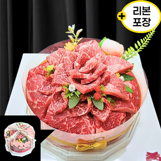 하루정육] 투뿔 한우케이크 800g 모듬구이세트 선물용 고기케익 (한우1++ BMS7이상), 1세트, 생일토퍼+리본포장