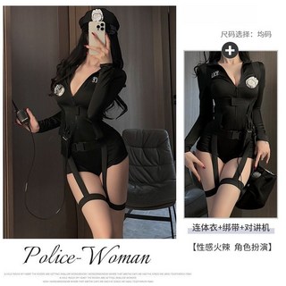 性感空姐制服套裝 歐美風女警 cosplay 服飾, 1個, 墨黑套裝【連體衣+綁帶+對講機】均碼 【80-120斤】