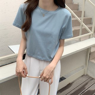 【HanVo】夏日冰淇淋色系短版棉T恤 吸濕排汗休閒百搭顯瘦圓領短袖上衣 簡約時尚T恤 女生衣著