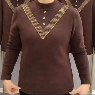 半高領鑲鑽保暖上衣 雙面螺紋德絨打底衫 秋冬新款內搭修身上衣