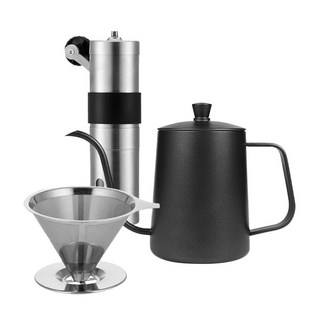 不鏽鋼手搖咖啡磨豆機 30g大容量 雙層濾網咖啡濾杯, 三合一組（600鐵佛龍黑手沖壺）, 1套, 600ml