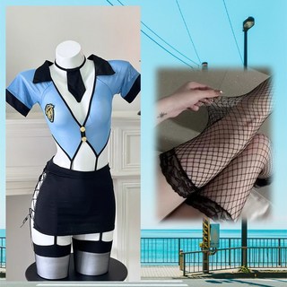 純欲少女性感cos女井辣妹制服秘書鏤空綁帶包臀短裙, 1個, 藍色空姐綁帶裙套裝+黑網襪M碼【80-110斤】保密發貨