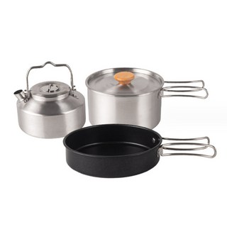 CLS 露營不沾鍋 露營湯鍋 燒水壺 高山鍋具 野營鍋具, 1個, 不鏽鋼3件套, Silver