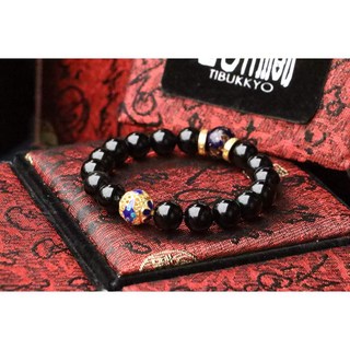 Tibukkyo德榕藏品 原礦無染色黑曜石手珠 10mm圓珠 藍琉璃隔珠 景泰藍黃銅隔珠 串珠設計 避邪