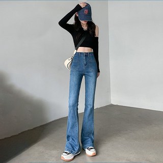 美拉德彈力女裝微喇牛仔褲ins風2025年複古藍高腰喇叭褲子潮EVTRGT01A