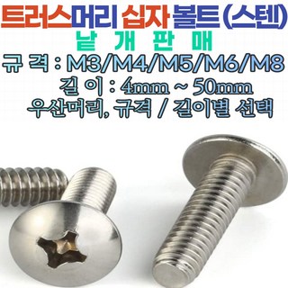 트러스머리 십자나사볼트(철 스텐) M3~M8 스텐평와샤 /스텐스프링와샤 /스텐육각볼트 낱개판매, M3, 10mm, 1개