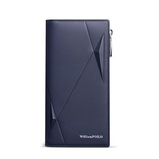 WilliamPOLO 英皇保羅 男士長夾 拉鏈手拿包 防刮牛皮 大容量多卡位 手機收納包 藍色