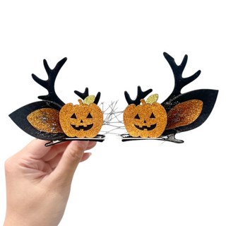 萱寶媽咪baby童裝館 兒童萬聖節聖誕節髮夾套裝，多款造型髮飾，女童節慶派對必備, 鹿角金南瓜髮夾, 1個