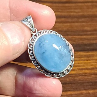 海藍寶925純銀吊墜 復古蛋面設計 冰透晶體項鍊