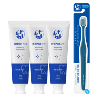 라이프홀릭 미백케어 치약 3개 + 이중미세모 와이드 칫솔 1개(색상랜덤) 1세트, 1개