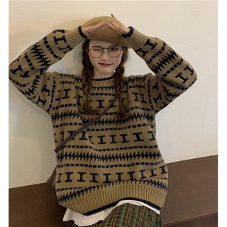 寬版日系慵懶風撞色圓領長袖毛衣女春秋新款寬鬆針織衫上衣