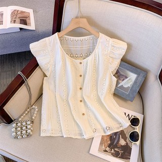 高級感小香風小飛袖襯衫女夏季2025新款寬鬆洋氣法式鏤空小衫上衣