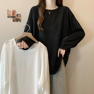 빅사이즈 루즈핏 니트 라운드넥 블라우스 가을 레이스 여성용 심플 슬림핏 탑 코디너리 스타일 캐주얼 긴팔 상의