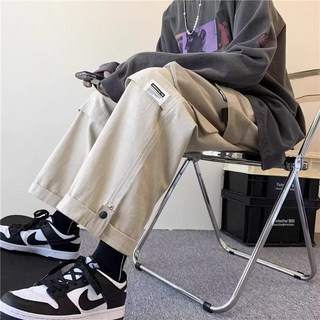 大口袋工裝褲男士春秋高街ins潮牌直筒褲寬鬆運動九分運動休閒褲
