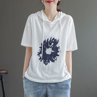 100% 순면 반팔 후드티 여름 얇은 루즈핏 빅사이즈 중년여성복 상의 플라워 프린트 면티
