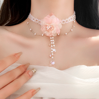백송 아무르 쉬폰 플라워 비즈 진주 드롭 초커 러블리 화사한 핑크 꽃 유니크 목걸이