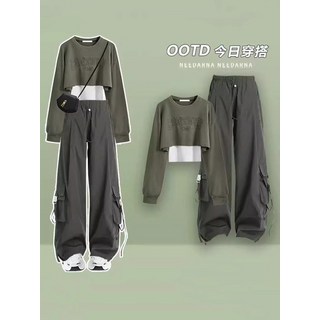 酷颯拽姐茶系穿搭一整套衛衣女春秋季新款辣妹工裝闊腿褲子兩件套