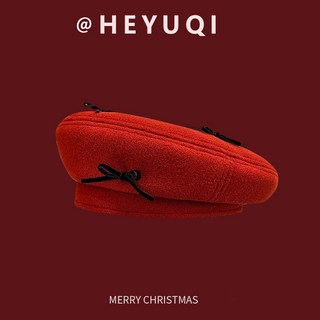 聖誕紅帽子 紅色毛呢貝雷帽 女秋冬季復古百搭大頭圍顯臉小蓓蕾帽聖誕帽子 甜美帽子台灣發貨