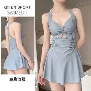 泳衣新款時尚女士溫泉遮肚顯瘦連體泳裝度假, 02840淺灰,L【建議47.5-52.5公斤】