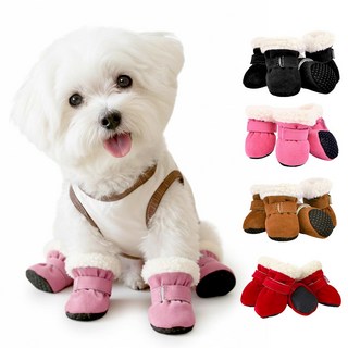 견행묘행 강아지 겨울 신발 털 방한부츠, 1세트, 레드