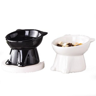 寵物陶瓷碗 加高貓碗 傾斜碗口 貓耳造型 穩固底座 貓咪舒適飲食, 拍一發二：黑碗+白碗, 2個