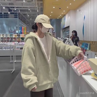 【KUKU】秋冬款加絨加厚寬鬆顯白超火ins潮連帽外套潮學生拉鏈開衫衛衣女羊羔毛外套女秋冬上衣加絨加厚羊羔絨上衣外套女絨