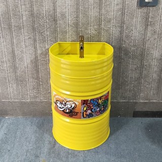 Shark家具 工業風油桶洗臉盆 個性KTV酒吧洗手台 落地立柱盆, 黃色洗手盆（送水龍頭 下水）, 1個