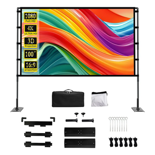 VEIDADZ 가정용 주름방지 고밀도 폴리에스터 빔프로젝터 스크린 16:9 휴대용 백색, 100형, 철판 더블 삼각대