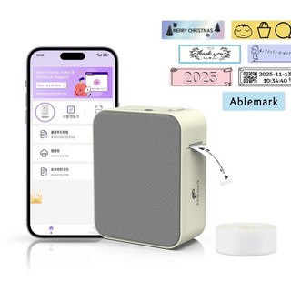 Ablemark 12mm 라벨 프린터기 스티커 라벨지포함 고속인쇄 바코드 생성 큐알코드 스캔, 1세트, 라이트 밀크티
