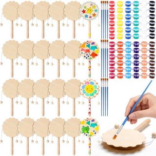 Arrowbash DIY 딸랑이 24개 세트 미완성 빈 나무 딸랑이 어린이 장난감 16.3 x 8.9cm(6.3 x 3.35인치) 핸드 드럼 공예 키트 어린 시절 미술 페, Arrowbash DIY 딸랑이 24개 세트, 미완성