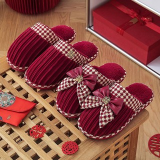 結婚棉拖鞋2025新款新婚情侶喜慶大紅色一對新郎新娘婚鞋情侶四季婚鞋喜字新娘室內時尚, 小香風-相敬如賓,女38-39+男40-41