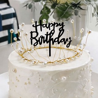 메리블룸 진주 티아라 생일 케이크 토퍼 세트 왕관 장식 6종, 1개, 시크 블랙