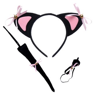 桃耳黑貓三件組(頭箍 領結 尾巴)-純黑款 萬聖節 聖誕節 派對舞會, 1個, 純黑款