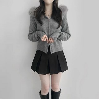 可拆卸毛領連帽針織外套 女款 短版修身拉鍊開衫 灰色 均碼