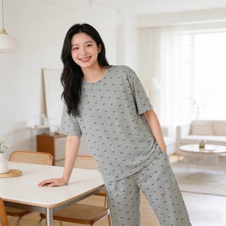 Soolink 여름 반팔 잠옷 세트 캐주얼 여성 홈웨어 긴바지 귀여운 캐릭터