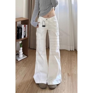 全店折扣 美式高街白色微喇工裝牛仔褲女小衆設計多口袋直筒闊腿褲拖地長褲
