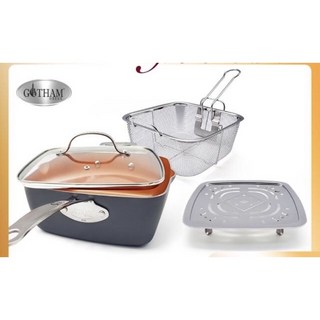 美國GOTHAM 鈦金陶瓷多功能方型不沾鍋具4件組24CM(方型鍋 鍋蓋 蒸盤 炸籃), 1個