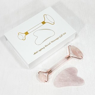 御古齋 精選天然玉石滾輪按摩 粉水晶 東菱玉 鈦赫茲 能量石 兩用滾輪 面部經絡 眼部滾輪 按摩保健 消除疲勞, 1個, 款六 粉晶滾輪按摩棒+刮痧片(附盒)