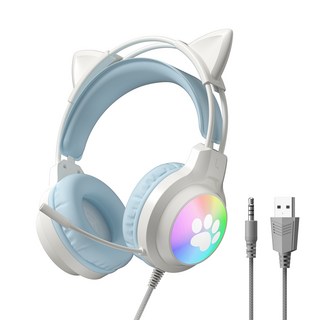 RGB 유선 게이밍 헤드셋 귀여운 디자인 LED 고양이 귀 마이크 탑재, 블루