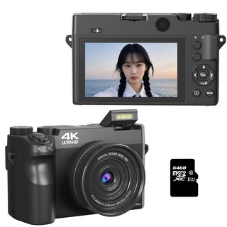 RUNHome WIFI 4K 고급 디지털 카메라 앞뒤 7500W 캠코더 여행용 인생+64GB 메모리, 블랙