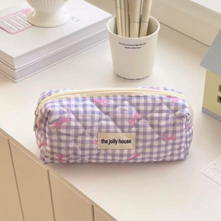 모란코 리본 체크 패브릭 천 필통 파우치, 1개, 라벤더(체크)