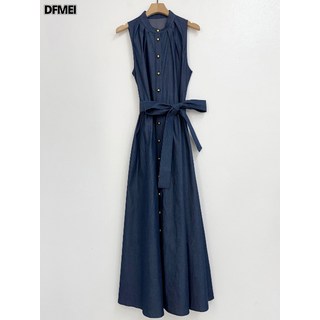 DFMEI 優雅高貴 韓國Chic無袖天絲牛仔長裙 立領大擺裙 連衣裙